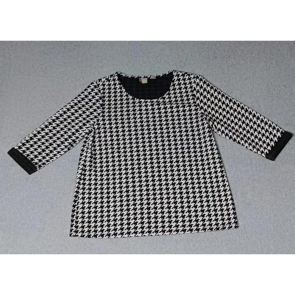 Chicos Houndstooth 3/4 Sleeve Sweater Womens Pullover Size 2 Black And White - Picture 1 of 11